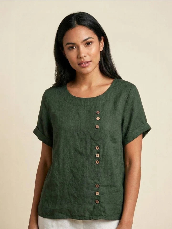 Eleanor | Women’s Linen Round Neck Button Blouse